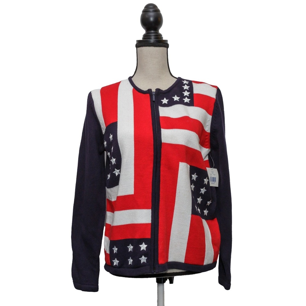 Karen Scott Size M Full Zip Cardigan USA Stars Stripes Sweater American Flag